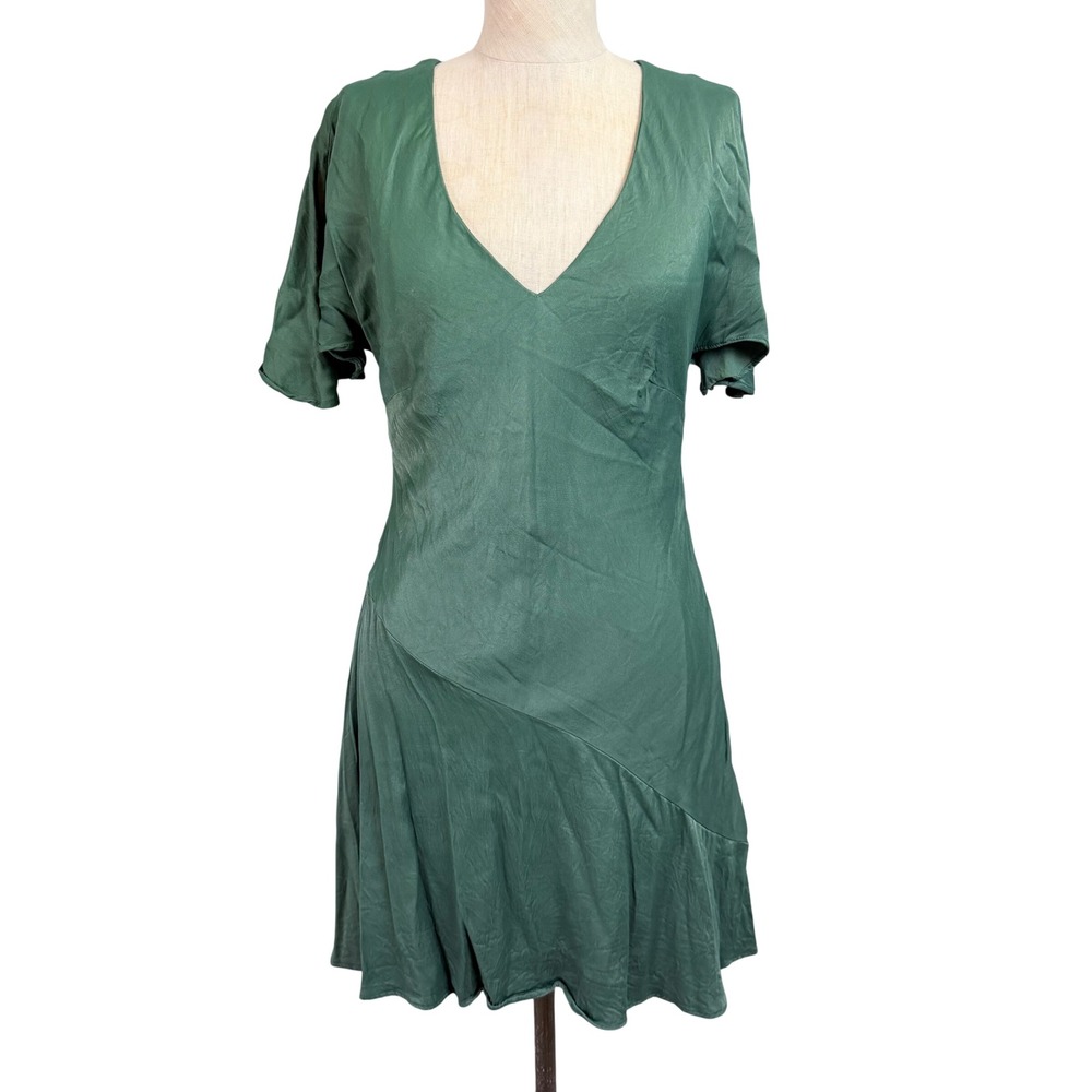 Anthropologie Green V-Neck Short Sleeve Asymmetrical Seam Viscose Mini Dress M